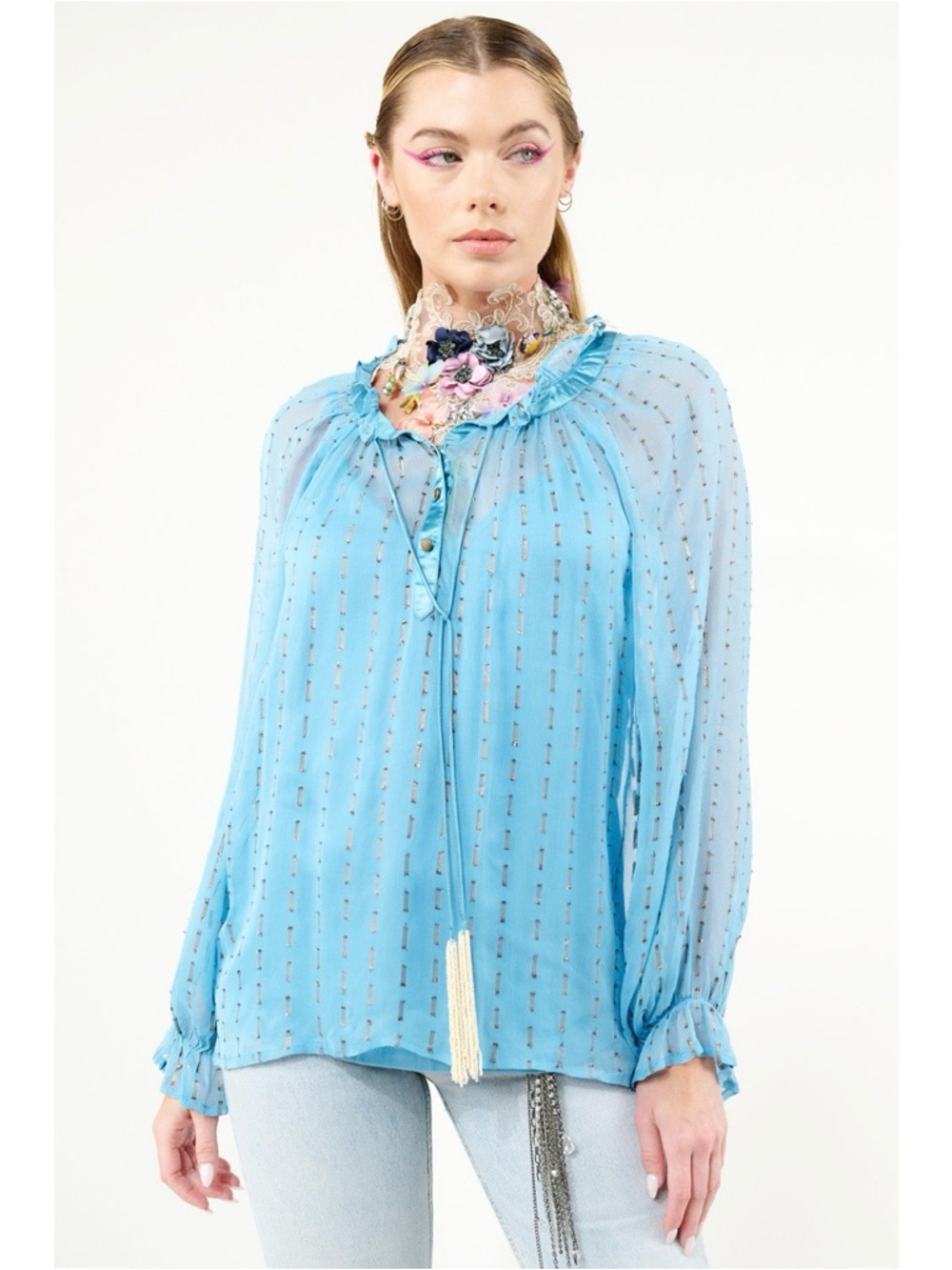 Aratta Maven Viscose Chiffon Blouse in Turquoise Blue Sz XL X-Large